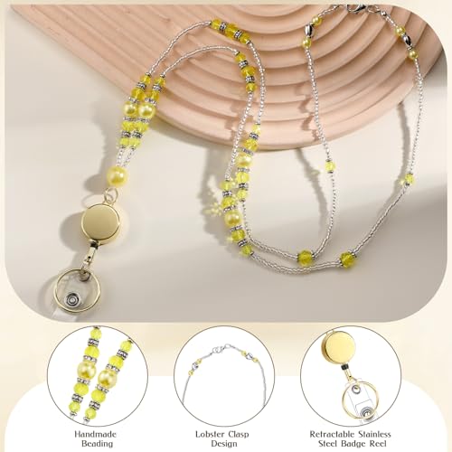 Beaded Teacher Lanyard with Retractable Badge Reel, Yellow - color: Yellow