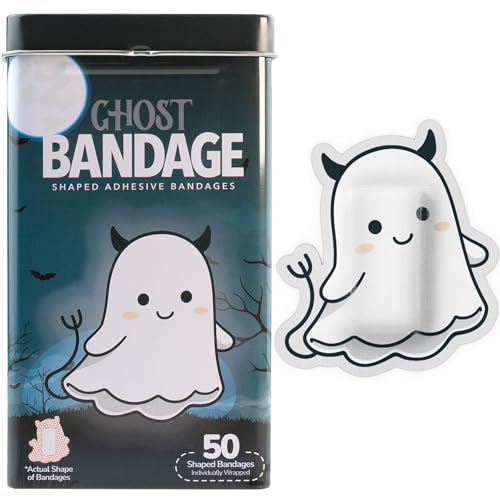 BioSwiss Bandages, Halloween Ghost Shaped Self Adhesive Bandage Set, Latex Free, Sterile Wound Care, 50 Count - size: 50-Count Tin, style: Ghost