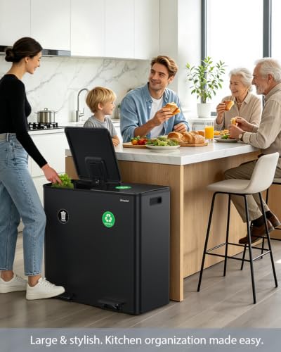Dual Trash and Recycling Bins for Kitchen, 2*13.2 Gal Dual Trash Can, Black - color: Black, size: 2 * 13.2 Gallon