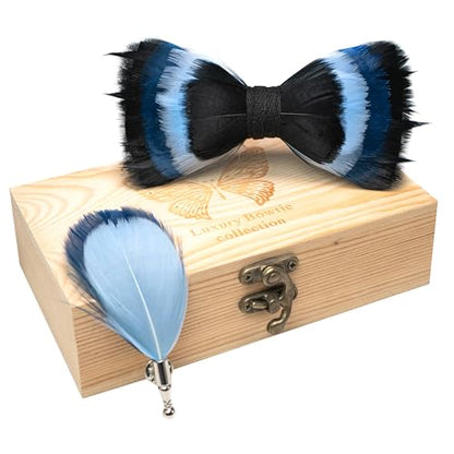 RBOCOTT Handmade Feather Pre-tied Bow tie and Brooch Sets for Men - color: Balck/Baby Blue