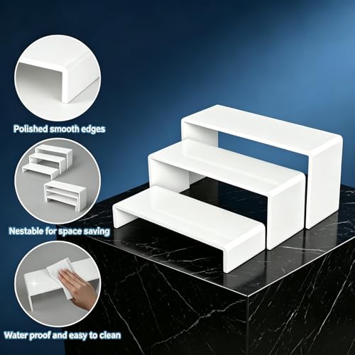 Wider 6 PCs White Acrylic Display Risers, 3 Tier Stand - color: White 4 Inch Wide 6 PCs