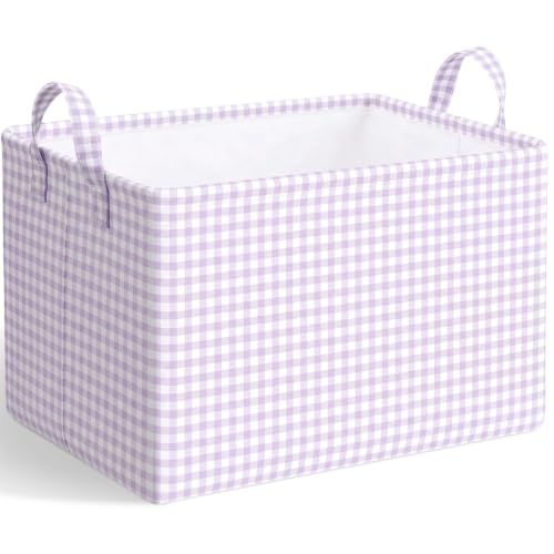 Hushee Purple Gingham Basket Checkered Storage Collapsible Bin with Handles - color: Taro Purple