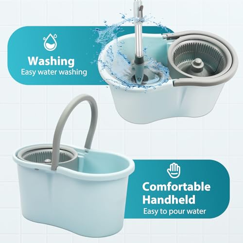 Spin Mop and Bucket with Wringer Set, Operable 360° Rotating Mop Bucket Set with 3 Microfiber Replacement Head, Stainless Steel Extended Handle for Floor Cleaning Home Office（Blue）