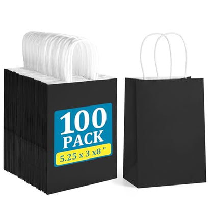 BagDream Gift Bags with Handles 5.25x3x8 Inch Dark Black 100 Pack Bulk - color: Black
