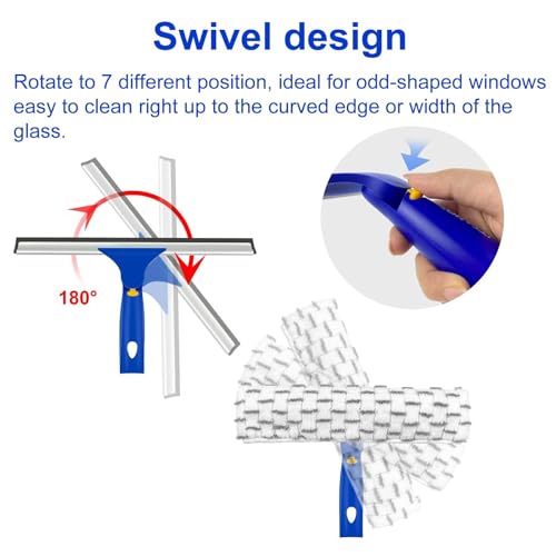 81" Window Squeegee Cleaner, Window Cleaning Tool Kit,12" Squeegee and 11" Microfiber Scrubber Combi with Stainless Steel Pole for Car,Sliding Door,Shower Glass Door-Swivel Style-2 Pads