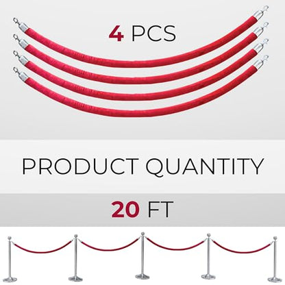 5 Ft Red Velvet Rope - 4 PCS Red Carpet Velvet Rope for Parties Crowd Ceremonies Hanging Stanchion for Queue Line Safe Control - color: Red + Silver