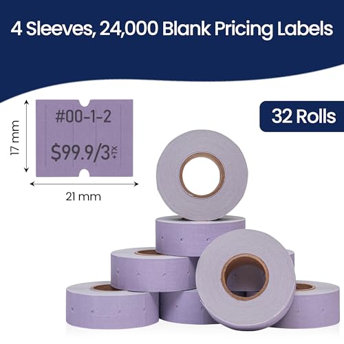 Perco 2 Line Lavender Labels - 24,000 Blank Price and Date Gun Labels for Perco 2 Line Price and Date Guns - 32 Rolls, 4 Sleeves - Made in USA - color: Lavender, size: 4 Sleeves