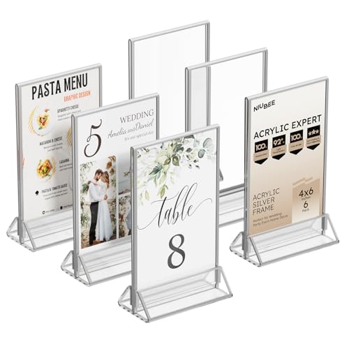NIUBEE 4x6 Acrylic Sign Holder, Picture Frame, Wedding Table Numbers, 6pack - size: 4x6 6Pack