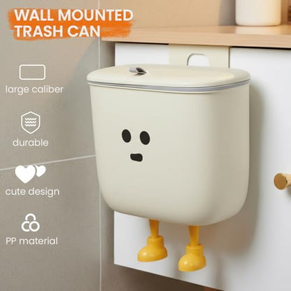 9L Kitchen Compost Bin for Countertop or Under Sink - Hanging Small Trash Can with Lid for Cupboard/Bathroom/Bedroom/Office/Camping, Mountable Indoor Compost Bucket (White)