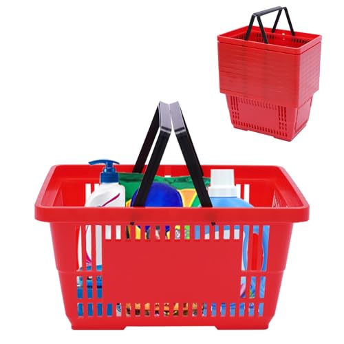 12Pcs Plastic Shopping Baskets with Handles, 18L Stackable Grocery Basket Bulk, Durable Plastic Shopping Cart, Large Portable Store Baskets for Retail Store Supermarket Supplies, 17" x 12" x 9" - color: Red