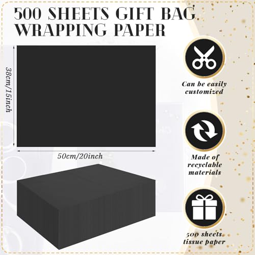 500 Sheets Halloween Black Tissue Paper Bulk 15 x 20 Inch for Gift Bags - color: Black, size: 15 x 20 Inch