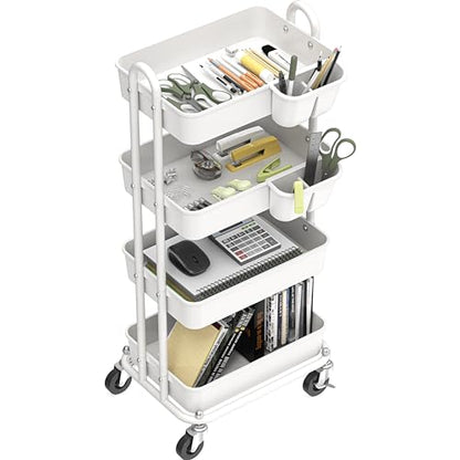 Simple Houseware 4-Tier Rolling Utility Cart with Hanging Bucket, White - color: White, size: 4-Tier