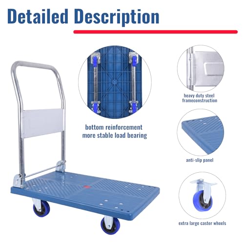 380lbs Small Flatbed Cart, Foldable Platform Truck Dolly with Swivel Wheels,Heavy Duty Moving Platform Hand Truck, Push Cart Platform Dolly Cart for Groceries, Warehouse(27.17" x 18.39" Blue) - style: 380 LBS
