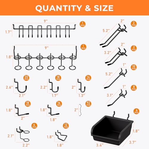 INCLY 220PCS Pegboard Accessories Organizer Kit for 1/4 Inch Pegboard - size: 220PCS