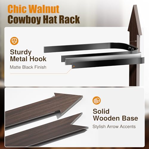 Cinati Cowboy Hat Rack Wall Mount - Rustic Wooden Western Metal Cowboy Hat Holder & Hanger Organizer with Arrow Sign Board for Bedroom, Hallway & Doorway - Holds 4 Hats, Fedora, Sun Hats, Gift for Him - size: Walnut-1 Pack