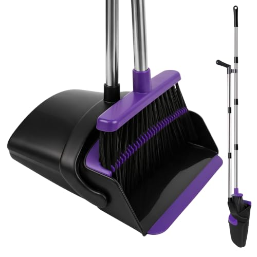 Broom and Dustpan Set, 51" Long Handle Broom with Built-in Comb - Purple - color: Purple, size: Standard
