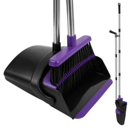 Broom and Dustpan Set, 51" Long Handle Broom with Built-in Comb - Purple - color: Purple, size: Standard