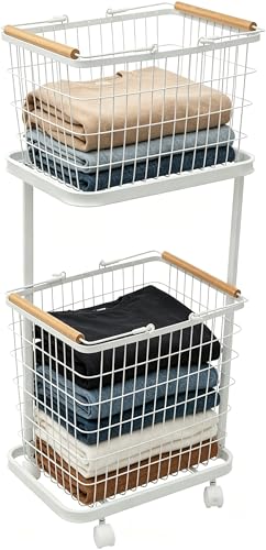 Large Laundry Baskets, Dirty Clothes Hamper with Wheels,Rolling Wire Laundry Basket Organize,2 Removable Wire Storage Metal Clothes Hamper Organizer for Laund Room, Bathroom, Bedroom, Dorm, White