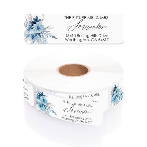 Blue Floral The Future Mr. and Mrs Rolled Address Labels / 250 Personalized Wedding Stickers/Elegant Plastic Dispenser - size: 250 Labels, style: The Future – Blue Floral