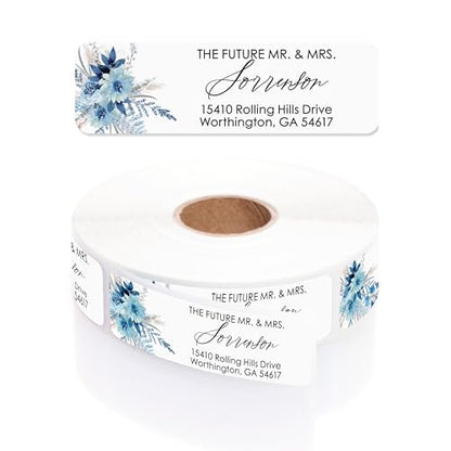 Blue Floral The Future Mr. and Mrs Rolled Address Labels / 250 Personalized Wedding Stickers/Elegant Plastic Dispenser - size: 250 Labels, style: The Future – Blue Floral