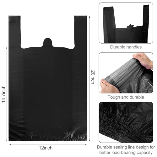 Dunzoom 300 Pcs 300 Pcs T Shirt Bags Bulk Plastic Bags with Handles, Black - color: Black