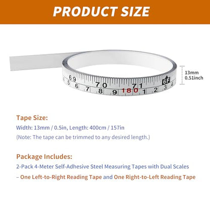 2-Pack Steel Self-Adhesive Measuring Tape, Imperial & Metric Stick-on Ruler, Left to Right and Right to Left Reading Tape Measure for Woodworking, Workbench, Table Saw, Drafting Table, 400cm/157Inch - size: 4m