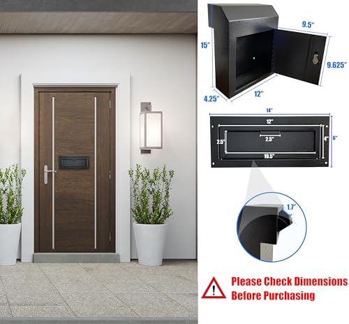 Through-the-Door Mailbox with Key Lock & Rear Access - color: Black, size: Large
