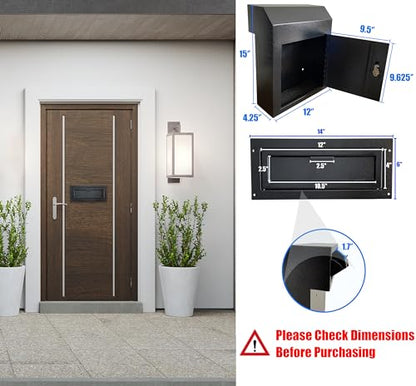 Through-the-Door Mailbox with Key Lock & Rear Access - color: Black, size: Large