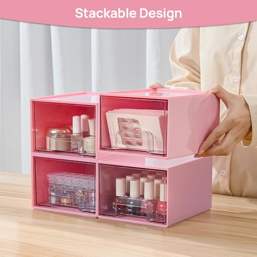 Vtopmart 4 Pack Small Clear Stackable Storage Drawers, Pink - style: Small-4pack-Pink