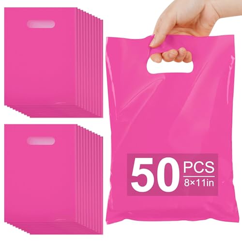 VieFantaisie 50 PCS Hot Pink Party Favor Bags, 8" x 11" Goodie Bags for Candy Treat Craft Easter Egg, Plastic Gift Bag with Die Cut Handles for Birthday Party, School Events & Small Business, Wedding - color: Hot Pink-50PCS-8x11Inch