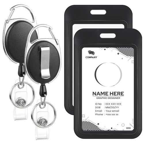 2 Pack Retractable Badge Holder Set with Vertical ID Card Holder, Black - style: 2 Set Hard Material