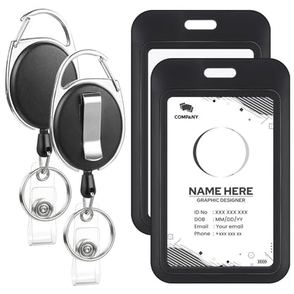 2 Pack Retractable Badge Holder Set with Vertical ID Card Holder, Black - style: 2 Set Hard Material