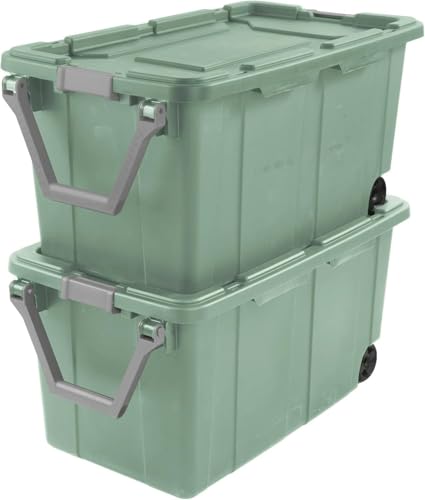 Storage Bin 40 Gallon 160 Qt Wheeled Industrial Tote Plastic Rolling Stacker Storage Box, Tough Lidded Stackable Storage Container for Home, Garage, and Camping Green Sage Base and Lid 2 PACK
