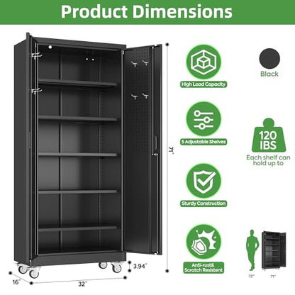 71 in. Garage Storage Cabinet with Wheels, 5 Shelves, Black - color: Black, size: 16"D x 32"W x 71"H
