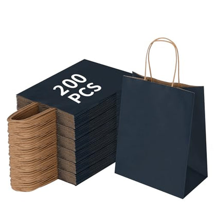 Joybe 200 Pack 8x4.75x10 Inch Medium Navy Blue Kraft Paper Bags with Handles Bulk, Craft Paper Gift Bags for Party Favors Grocery Retail Shopping Business Goody Merchandise Take Out Blank Sacks