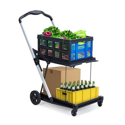 Foldable Shopping Cart, 1 Storage Crate, 2 Tier Collapsible Utility Cart - color: Blue
