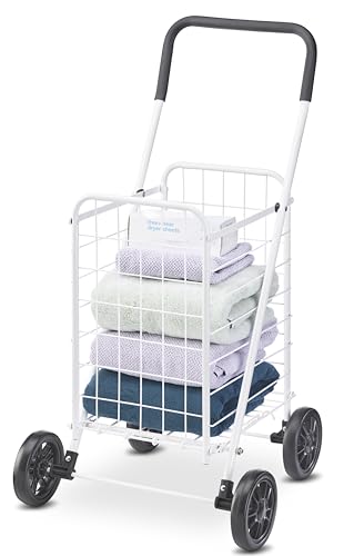 Whitmor Folding Utility Shopping Cart with Wheels, Heavy Duty Metal Grocery Cart, Portable Foam Handle, Rolling Collapsible Trolley for Groceries, Laundry, Storage, White - size: 19.5"L x 18.5"W x 34.5"H, White