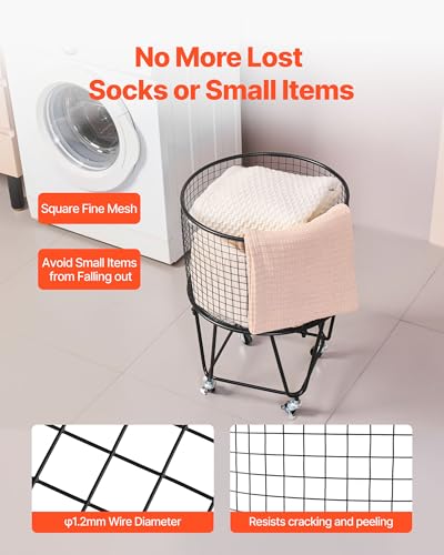 VEVOR Laundry Basket with Wheels, Metal Storage Cart Deep Set Rolling Mesh Laundry Hamper, 60 LBS Large Load Capacity, 17" x 17" x 24", Black - size: 16.9"D x 16.9"W x 24.2"H