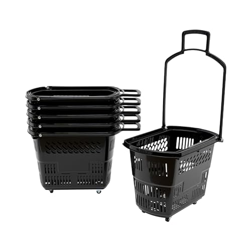 6PCS 35L Shopping Carts with Wheels and Handle, Heavy Duty Plastic Rolling Shopping Basket with Foldable Handle 4 Wheels, Portable Shopping Basket Set for Supermarkets Retail Stores (Black)