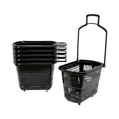6PCS 35L Shopping Carts with Wheels and Handle, Heavy Duty Plastic Rolling Shopping Basket with Foldable Handle 4 Wheels, Portable Shopping Basket Set for Supermarkets Retail Stores (Black)