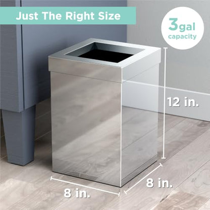 Gatco Small Bathroom Trash Can With Lid, Square 3 Gallon Stainless Steel Wastebasket, Under Sink, Chrome, For Bathroom, Bedroom, Office (1913) - color: Chrome