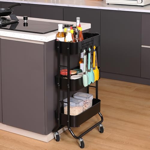MAX Houser Slim 3-Tier Rolling Utility Cart with Extra Hook, Black - color: Black, size: 3-Tier Narrow Cart