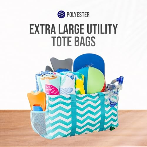 Extra Large Utility Tote Bag - Oversized Collapsible Beach Bag - Chevron Teal - color: Chevron Teal