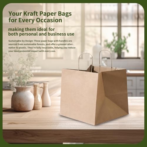 13x7x13 Inch Kraft Paper Large Gift Bags with Handles Bulk-50Pack Recyclable Sturdy Brown Paper Bags for Business, Merchandise, Gifts Bags, Shopping, Retail Stores, Takeout, Birthday Party