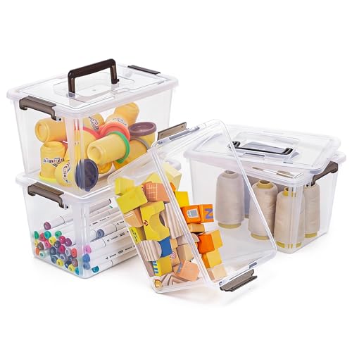 Citylife 4 Packs Plastic Storage Bins with Latching Lids Clear Storage Box with handle Stackable Storage Containers for Organizing Toys, Crafts, Tools - size: 6QT
