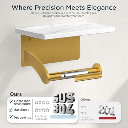 FORIOUS Natural Marble Toilet Paper Holder with Phone Shelf, Commercial - color: Brushed Gold, size: Single Roll