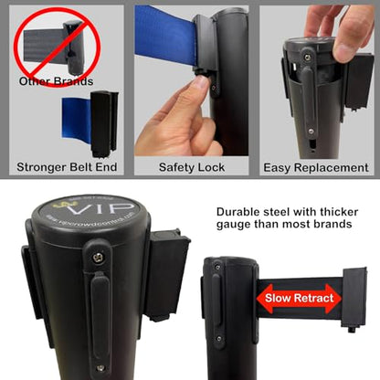 VIP Crowd Control Retractable Belt Queue Safety Stanchion Barrier Set, 36" Ht, 78" Belt + Wall Bracket (6 Pur Posts Pur Belt + SFrame + WBracket) - color: 6 Pur Posts Pur Belt + SFrame + WBracket
