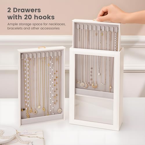 Lolalet Necklace Organizer Box, Jewelry Display Case, White, 2 Layers - color: White, size: 2 Layers, 20 Hooks