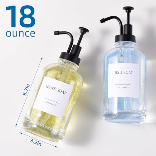 Glass Soap Dispenser with Pump, Dish and Hand Soap Dispenser for Kitchen Bathroom Set, Clear Glass Dispenser Set of 2 Pack with 18 Stickers Funnel Bamboo Tray 500ml 18oz / Each Bottle Sliver Pump - color: Glass+black Pump