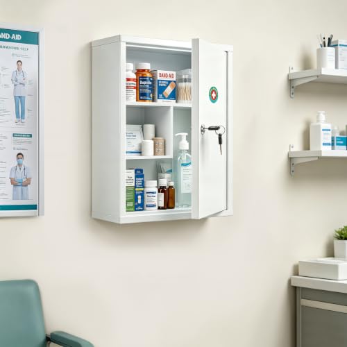 KYODOLED Locking Medicine Cabinet with Keys, Wall Mount, 15.75 Inch, White